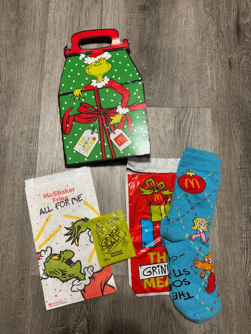 2025 Grinch Meal Box, Blue Socks, Salt & Shaker Bag - McDonald’s Limited Edition